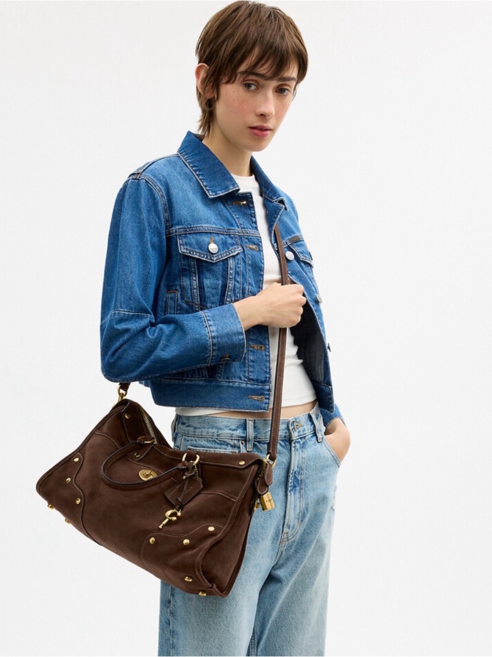 Coach Brown Rhyder 38 Suede Satchel with Gold Hardware - Picture 12 of 14